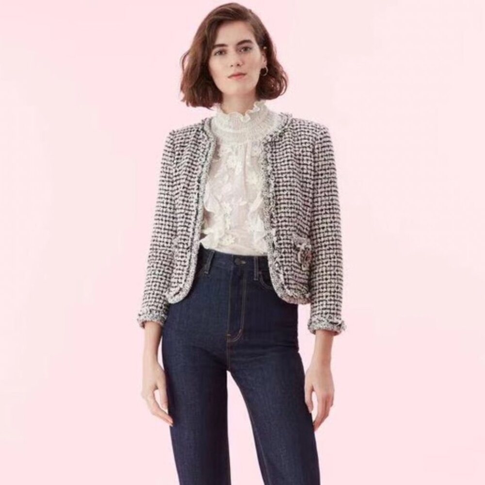 Rebecca Taylor Houndstooth Tweed Pink Black White Blazer Jacket Size 6